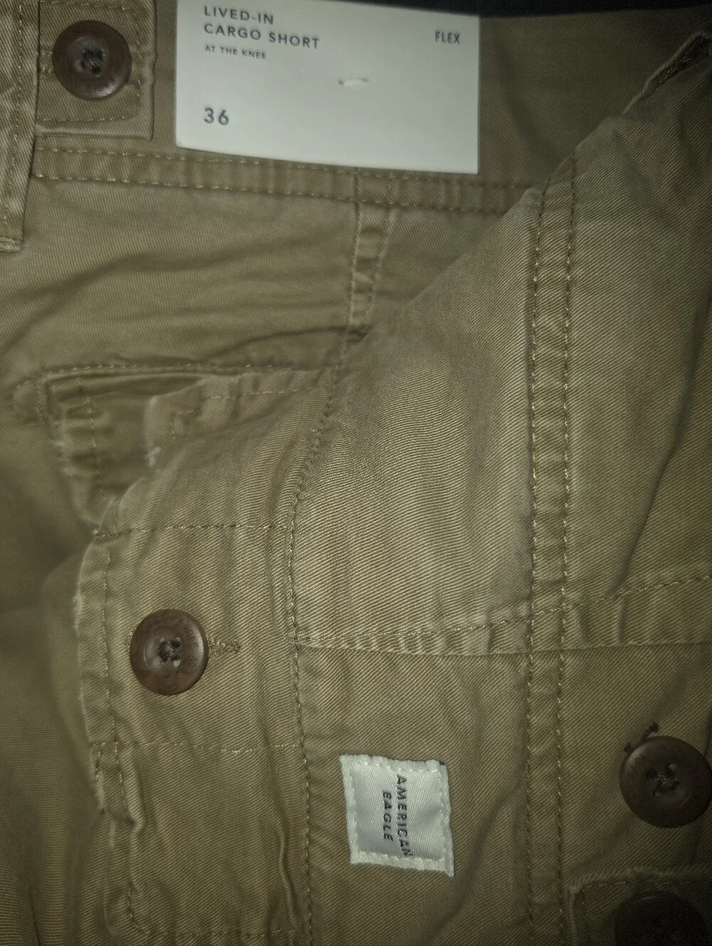 American Eagle Flex Lived-In Cargo Short in Khaki Hits At Knee NWT SIZE 36